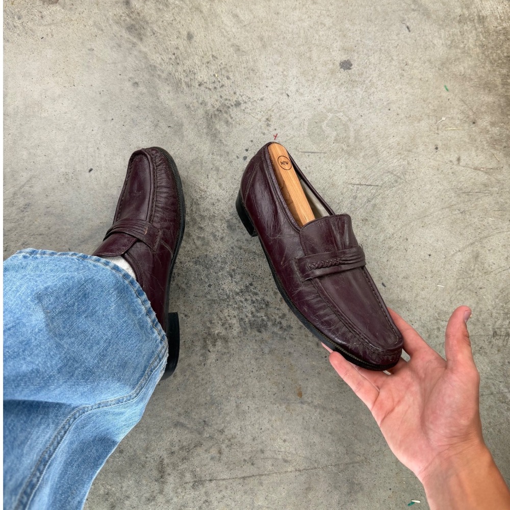 Vintage 90s Stuart McGuire Mens Burgundy Leather Braided Penny Loafers 8.5 D